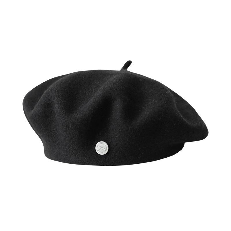 Autumn and winter beret small round label temperament wool hat female face small high quality elegant warm painter hat light luxury