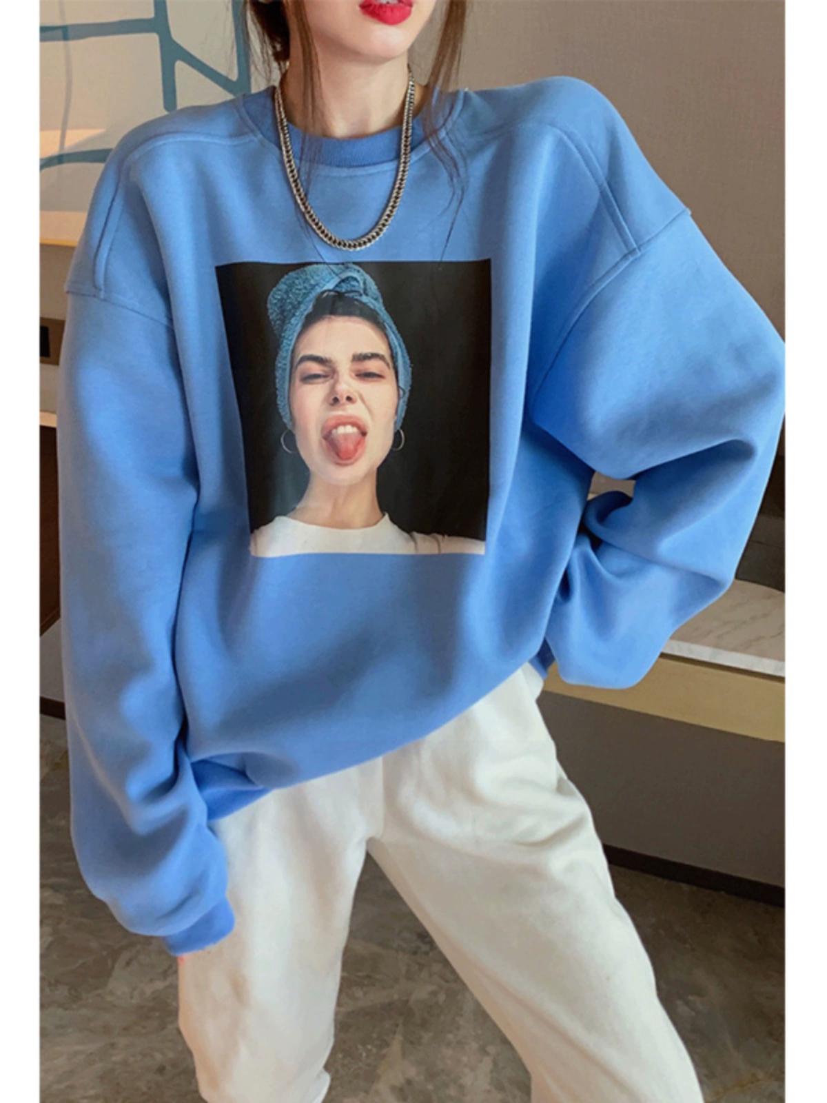 

DIMANAF Новинка 2023 года, женские флисовые толстовки и свитшоты больших размеров, свободные повседневные осенние топы с длинными рукавами и круглым вырезом, синий пуловер