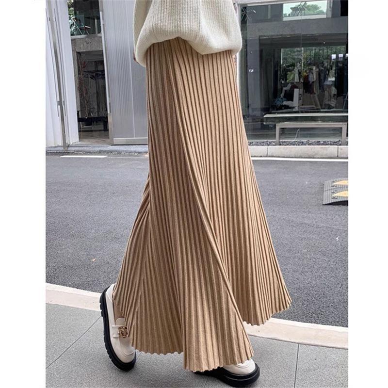 Pleated Skirt Women High Waist Slim Vintage A-Line Skirt New Autumn Winter Simple Classic Warm Female Knit Long Skirt