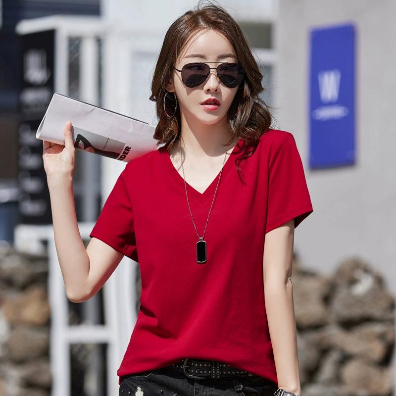 Women's Summer Solid Color Loose V-neck Short-sleeved T-shirt Simple and Comfortable Casual Tops