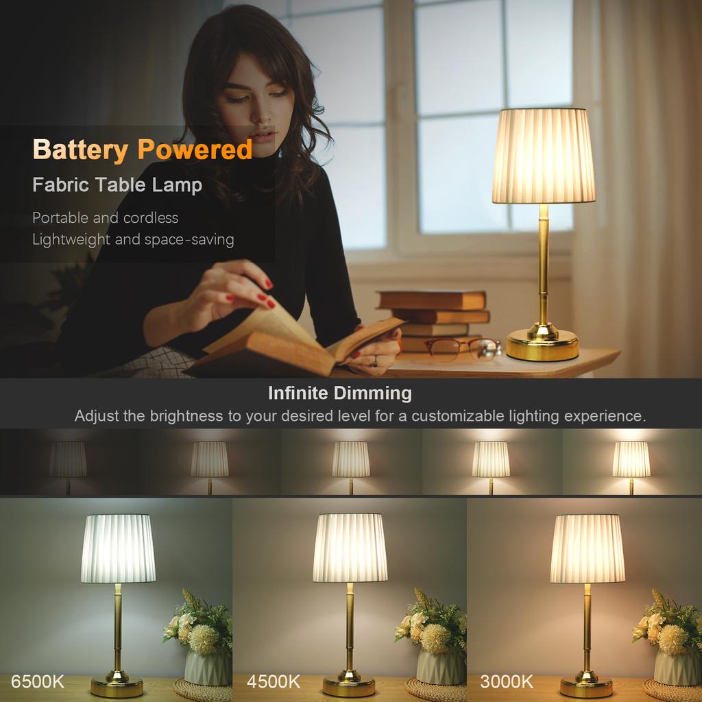 Tragbare wiederaufladbare LED-Tischlampe, Stoffschirm, 5000 mAh Akku, 3 Farbtemperaturen, dimmbar