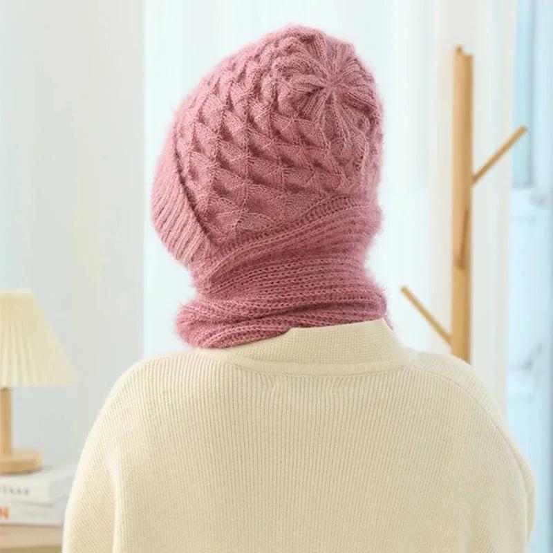 Plüschmütze und Schal, alles in einem, gestrickte Damen-Wintermütze, warmer Schal, verdickter Ohrenschutz mit Kapuze, Outdoor-Skimütze für Damen