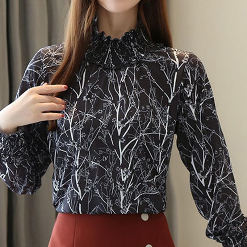 חולצת שיפון עם שרוול ארוך אופנה חולצות מזדמנות לנשים צווארון מעמד צווארון דק חולצה פרחונית אלגנטית בגדי נשים