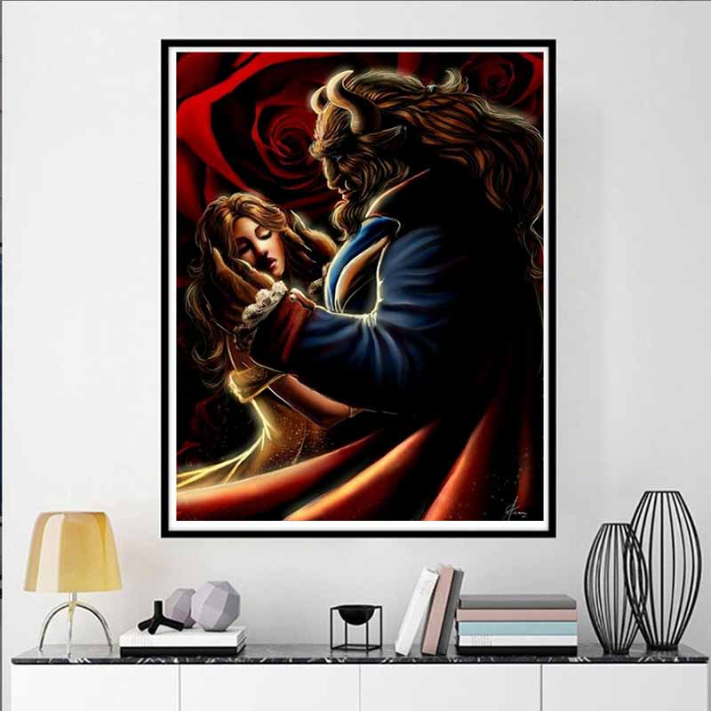 Disney 5D DIY Diamond Painting Belle and the Beast Embracing Romance Full Round Diamond Mosaic Cartoon Embroidery Art Painting for Home Decoration