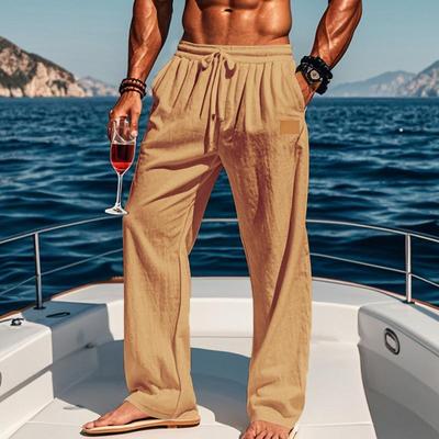 Pantalon droit décontracté d'été fin européen et américain à lacets en coton et lin pour homme Hommes