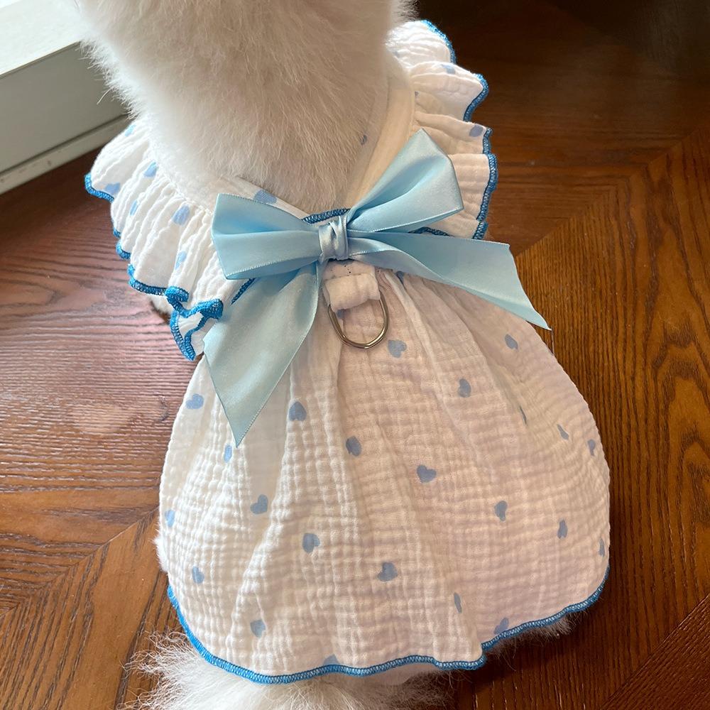 

Bow Heart Kitten Pet Skirt Cotton Cat Dog Costume New Summer Dog Princess Dress for Small Dogs M синий