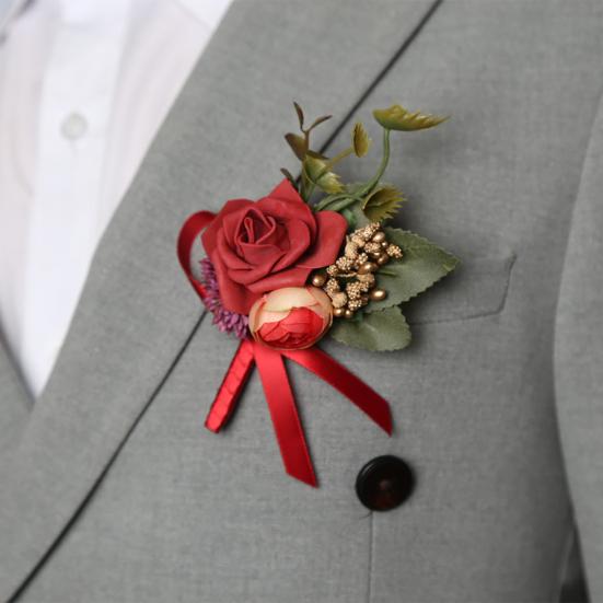 Lapela de Terno Masculino Flor Artificial Pulseira de Pulso Reutilizável Pulseira Floral Alta Simulação Versátil Celebração de Negócios Lapela