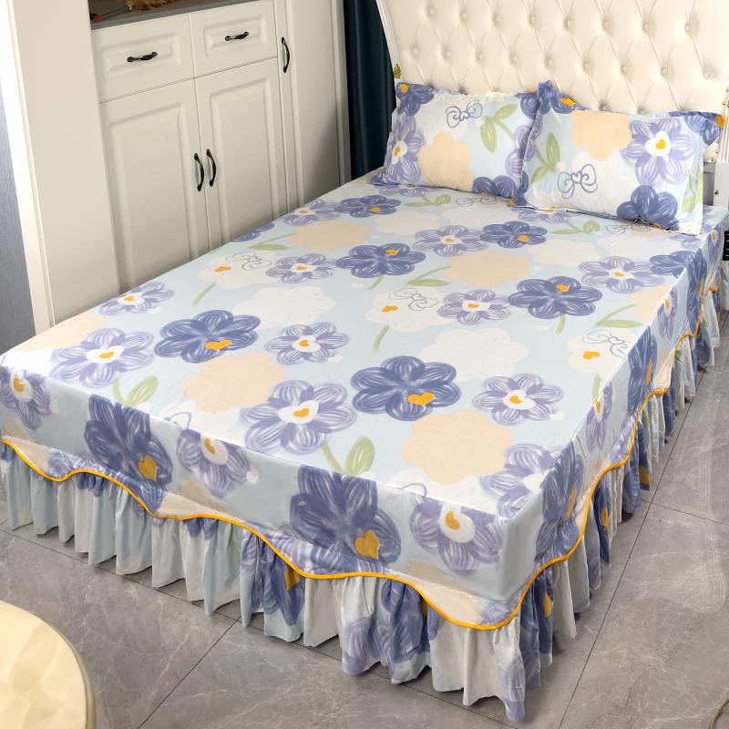 Wave Edged Lace Bed Skirt Soft and Comfortable Printed Bed Sheets Plant Pattern Anti Slip and Dustproof Bed Cover Bedding
