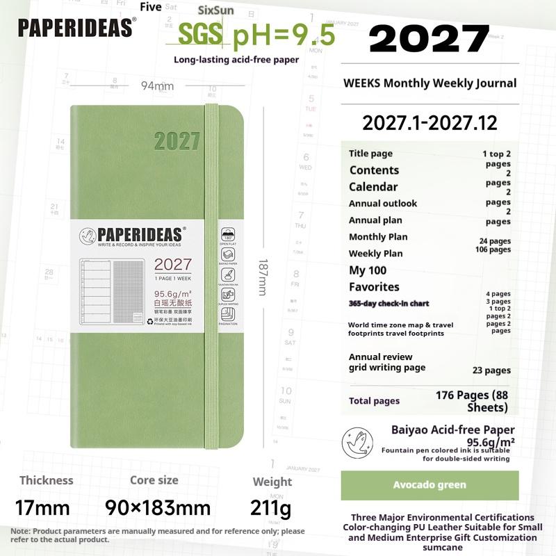 Paperideas Slim 2027 Weekly Planner Notebook PU Hardcover Weeks Journal Acid‑Free Paper Time Organizer Schedule Hand Book