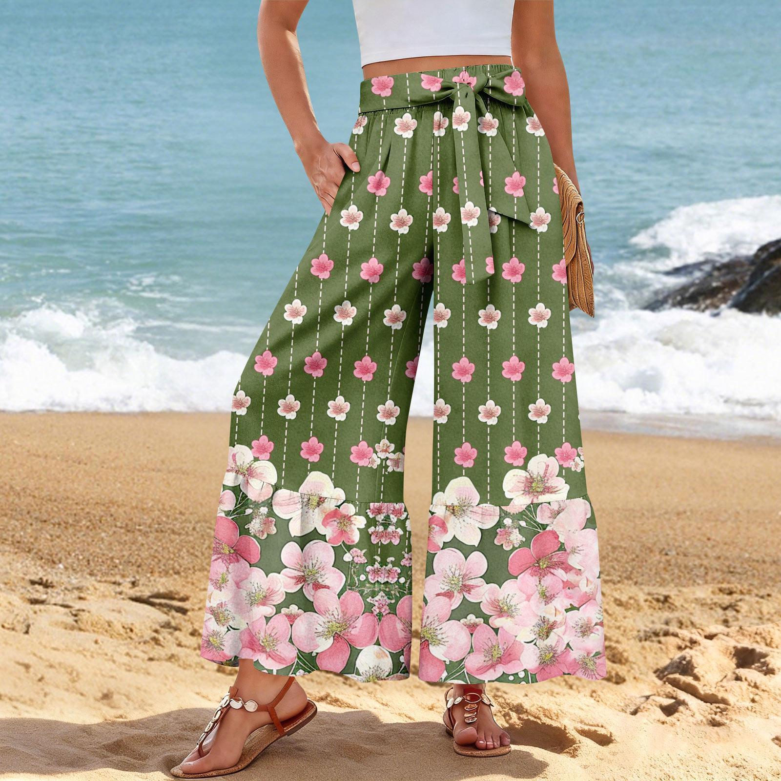 Women s Wide-Leg Casual Pants, Stretch, High Waist, Ruffled Hem, Wide Legs, Belted, And Pockets L