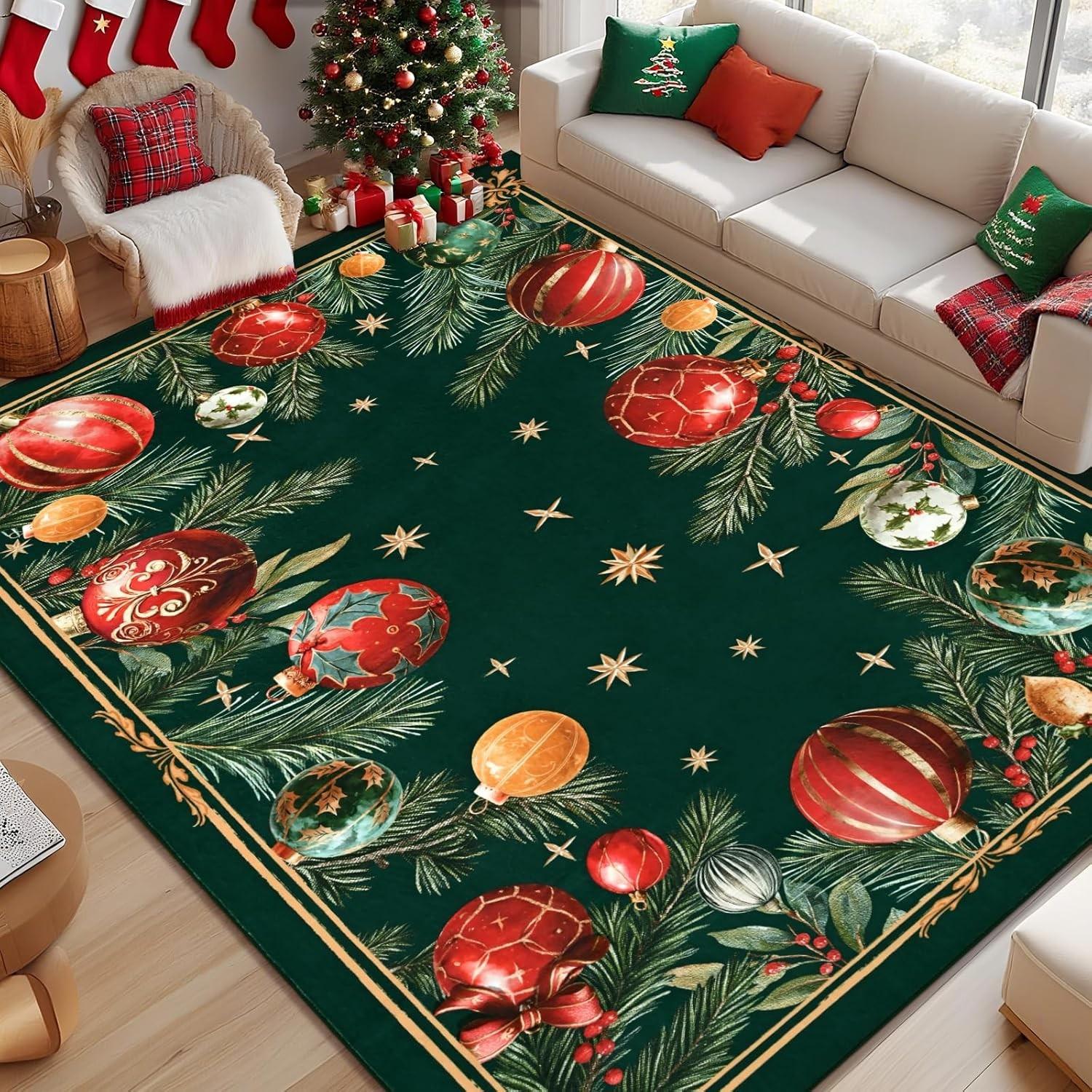 

Christmas Area Rug Christmas Balls Living Room Rug Xmas Pine Rugs Green Bedroom Rugs Non Slip Carpet for Dining Room, Office 40x60cm
