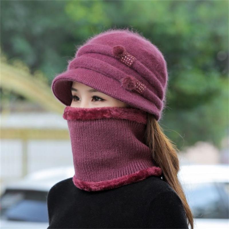 

Women Winter Hat Keep Warm Cap Add Fur Lined CAPS And Scarf Set Warm For Female Casual Rabbit Fur Winter Knitted Bonnet set