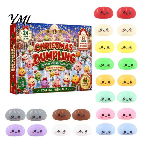 Christmas Party Favors Cartoon Dumpling Gift Box, Xmas Advent Calendar with 24 Stress Countdown Relief Squeeze Toys, Days Steamed Bun Toy Box