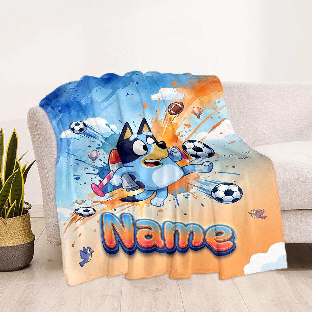 Soccer Fun Bluey Personalized Name Blanket Throw Customizable Blanket Comfortable Versatile for Living Room Seaside Sofa Picnics Ideal for All Seasons