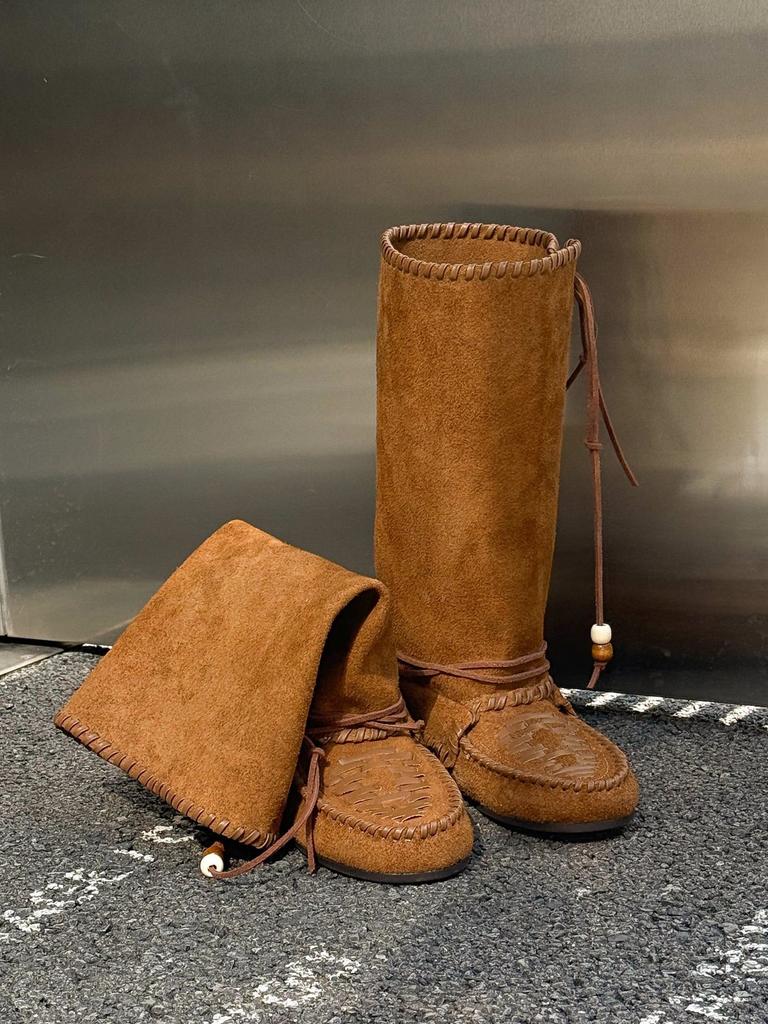 European Station 2025 Autumn New Leather Tassel Strap Tall Western Boots Flat Bottom Foldable Pile Boots Women