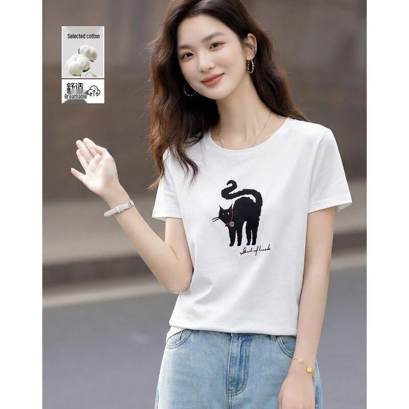 Demana Women s Cute Cat Print Beaded Short Sleeve T-Shirt M