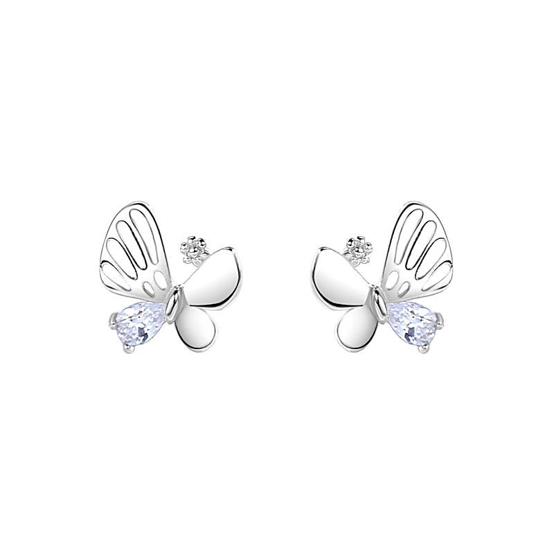 S925 Silver Plated Stud Earrings New Small Animal Earrings Female Summer Fashion Light Luxury Sweet Hollow Flash Diamond Butterfly Stud Earrings
