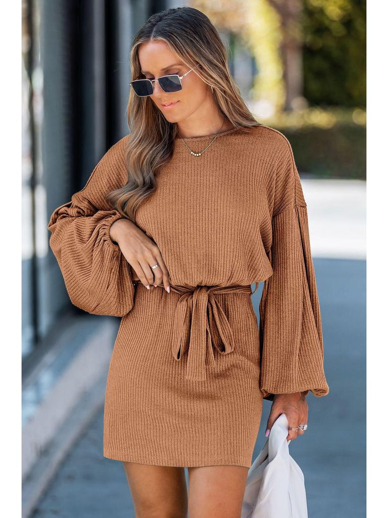 2026 Spring/Autumn Women's Long Sleeve Ribbed Knit Dress with Belt - European & American Style