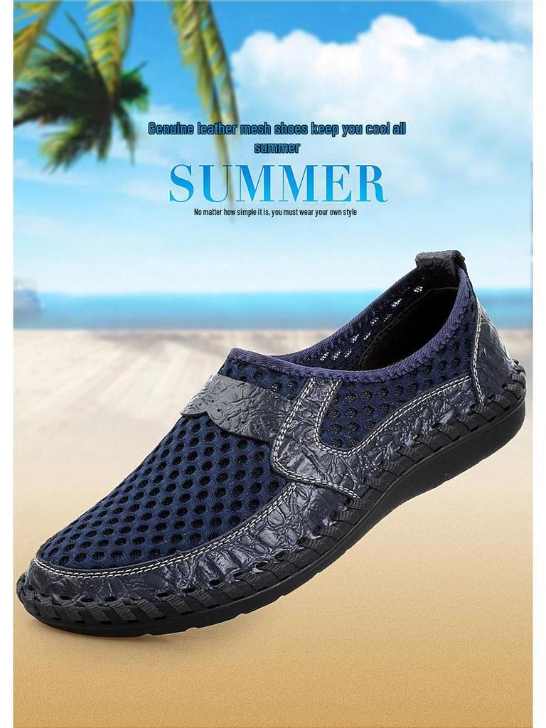 Men's Breathable Crocodile Pattern Mesh Shoes, Genuine Leather, Large Size, Summer Collection.