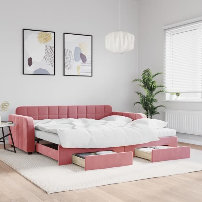 VidaXL Lit de jour avec gigogne et tiroirs rose 100x200 cm velours 3197011