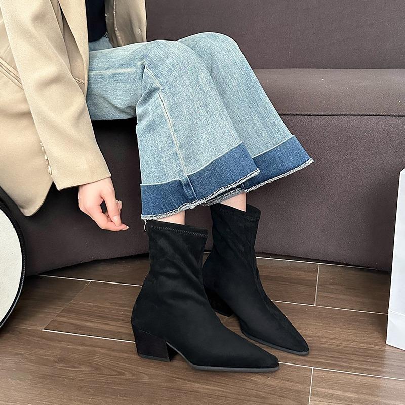 Fashion Flock Footwear Women Ankle Boots With Zippers Shoes Pointed Toe Ladies Short Stretch Booties Female Heels Shoes