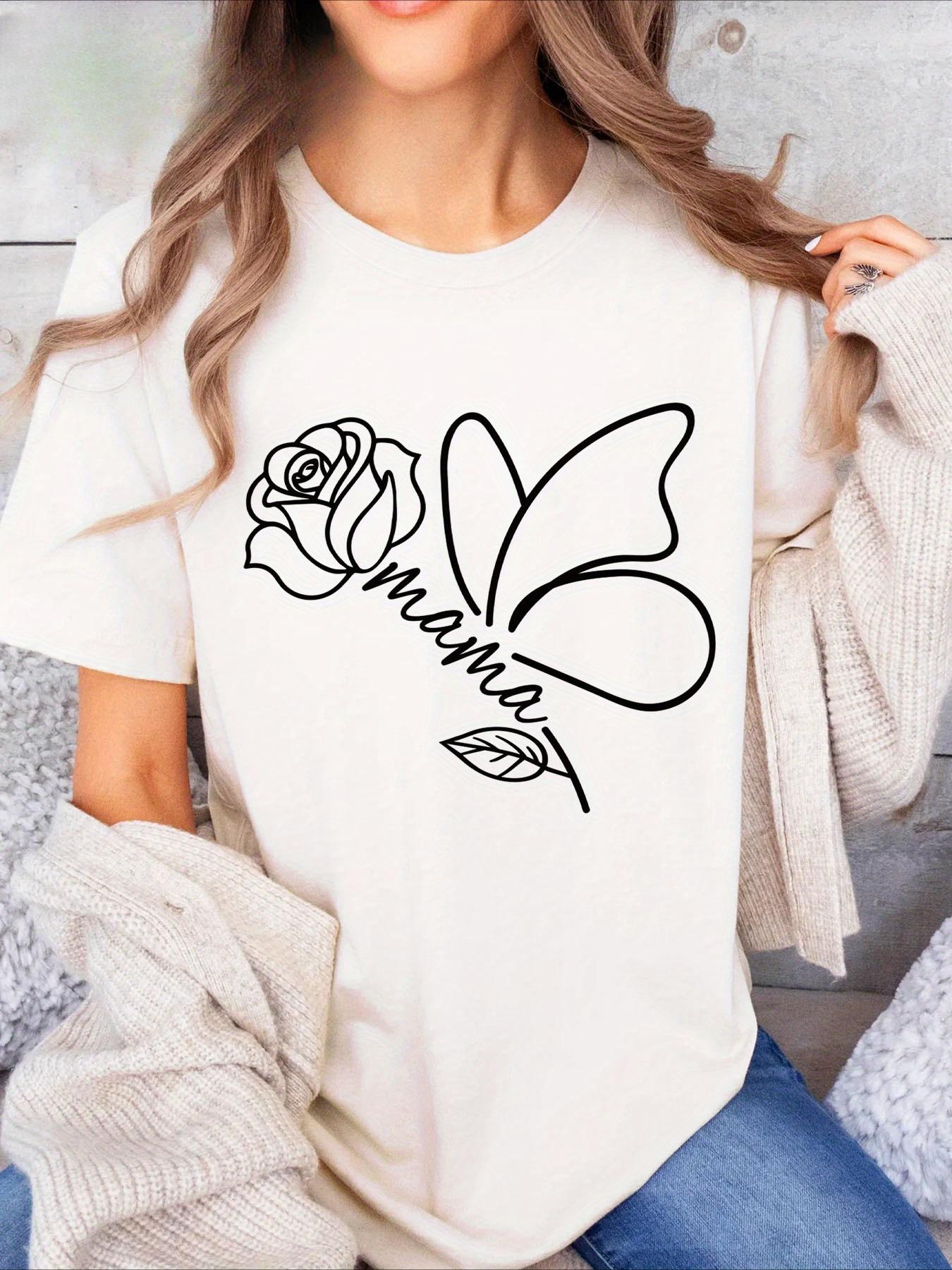 

Women s T-shirt Casual short Unisex top with round neck and pink butterfly print perfect combination for S