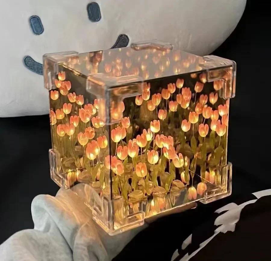 

1pcs DIY Tulip Mirror Cube Lamp Simulation Flower Bedroom Sleeping Table Lamp Tulips Mirror Night Light Birthday Gifts