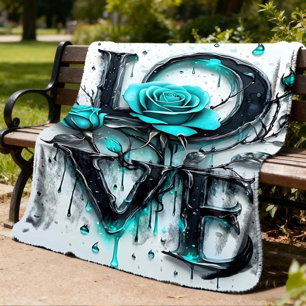 1pc Love Rose Outdoor Flannel Blanket Soft All Season Polyester Throw , Perfect for Picnics & Travel , Picnic Accessory