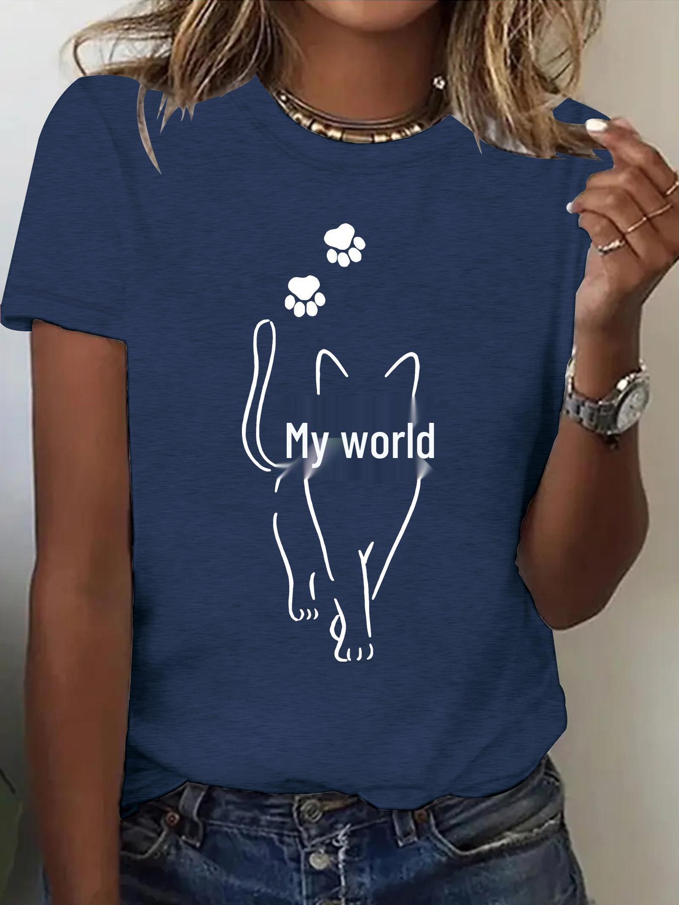 

Women s Cat Pattern Round Neck Short Sleeve T-shirt - Summer High-End Feel Small