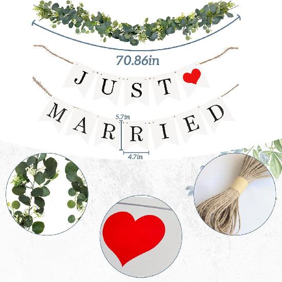 Just Married Car Decorations Kit Wedding Car Decor with Artificial White Roses Banner Flower Vine Tulle Ribbon Sign Stickers Getaway Car Accessories