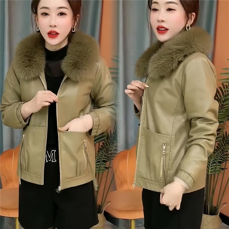 Women Artificial Leather Plus Velvet Padded Coat Winter Female Detachable Fur Collar Western Fashion Warm Jacket Artificial Leather Overwear
