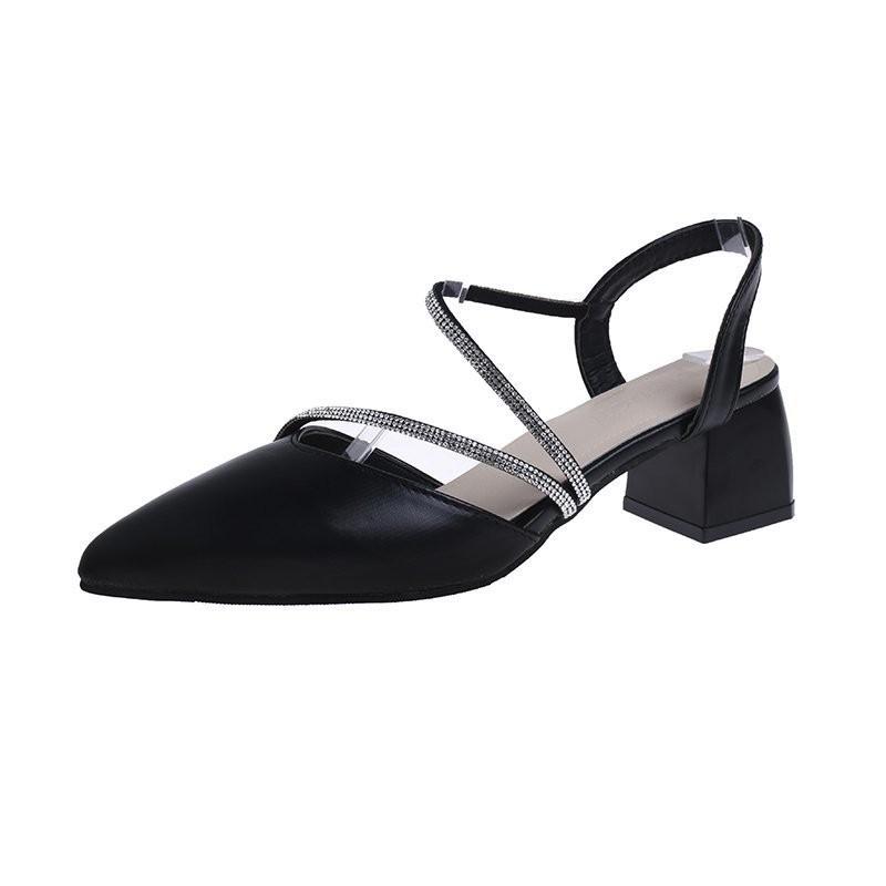 Pointed rhinestone sandals women's summer French thick heel high heels retro single shoes femininity spring