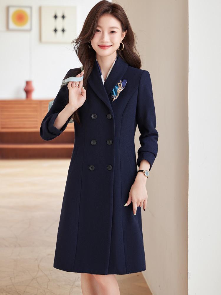 Women's Dark Blue Wool Tweed Long Coat - Chic Autumn/Winter Workwear