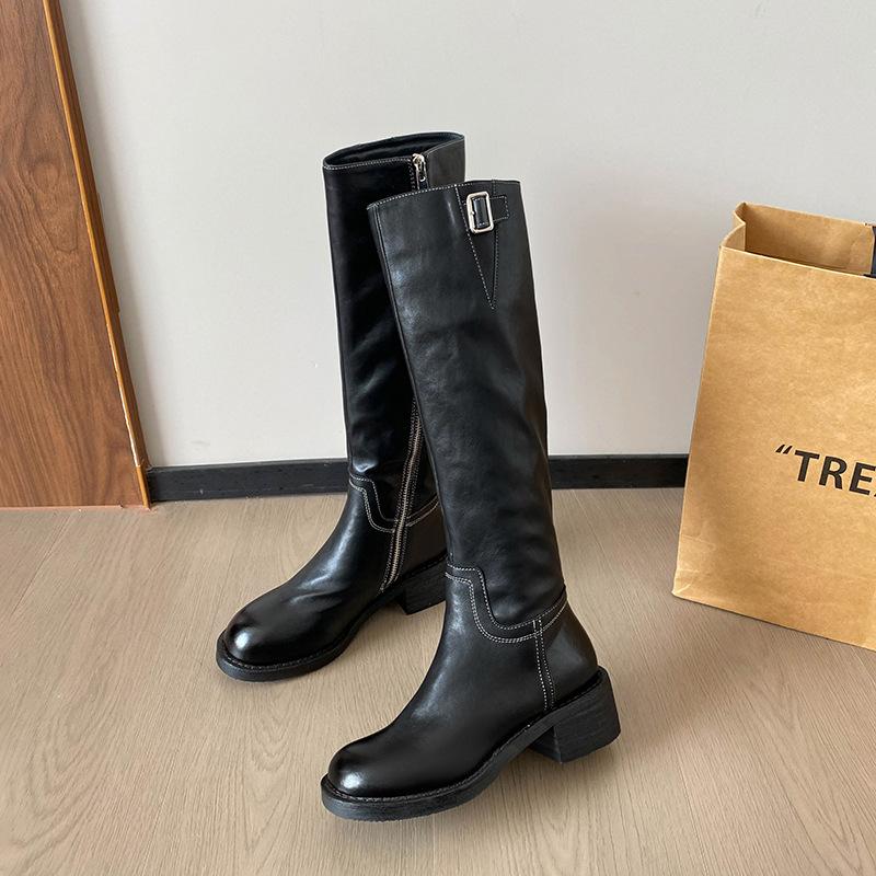 Cowhide version~ retro thick-soled knight grape mother, the same high-heeled pleated soft leather round head high tube widened long boots for women