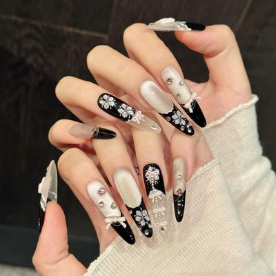 Uñas Postizas Largas Stiletto con Purpurina Uñas Postizas Press on con Diseño 3D Reutilizables Acrílicas Cubierta Completa Uñas Adhesivas para Mujeres