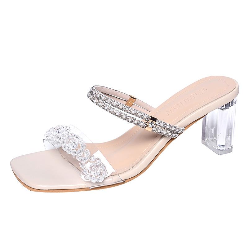 New Dadong Sandals Women's Summer Thick Heel Crystal Heel Two Wear Rhinestones Outside Fairy High Heel Cool Slippers