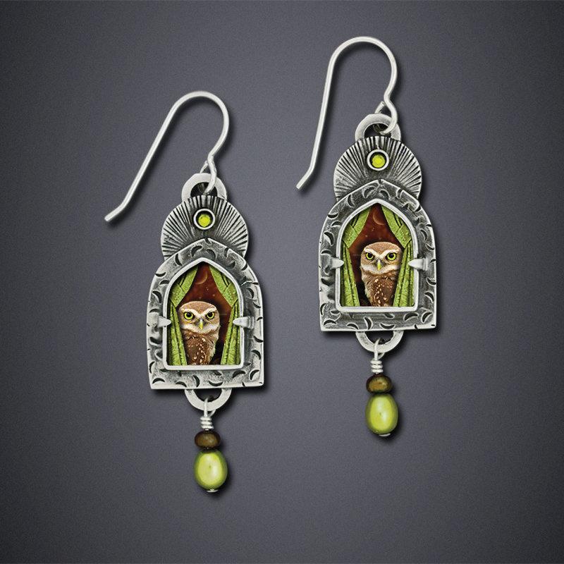 Vintage Female Long Owl Drop Earrings Silver Color Dangle Earrings For Women Charm Green Oval Stone Wedding Earrings 