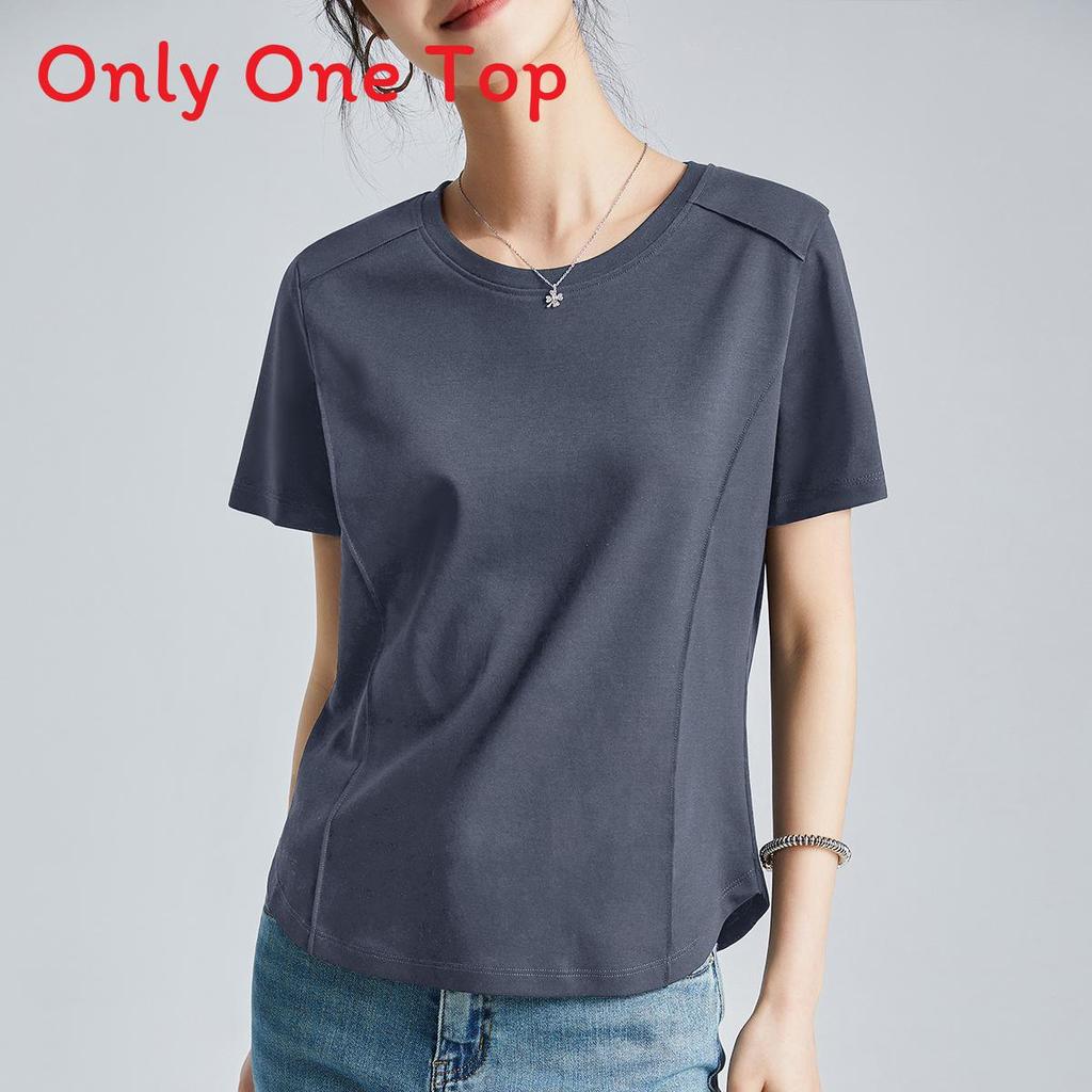 Camiseta de Manga Corta de Algodón y Seda para Mujer con Diseño de Empalme para Estilo Urbano Casual