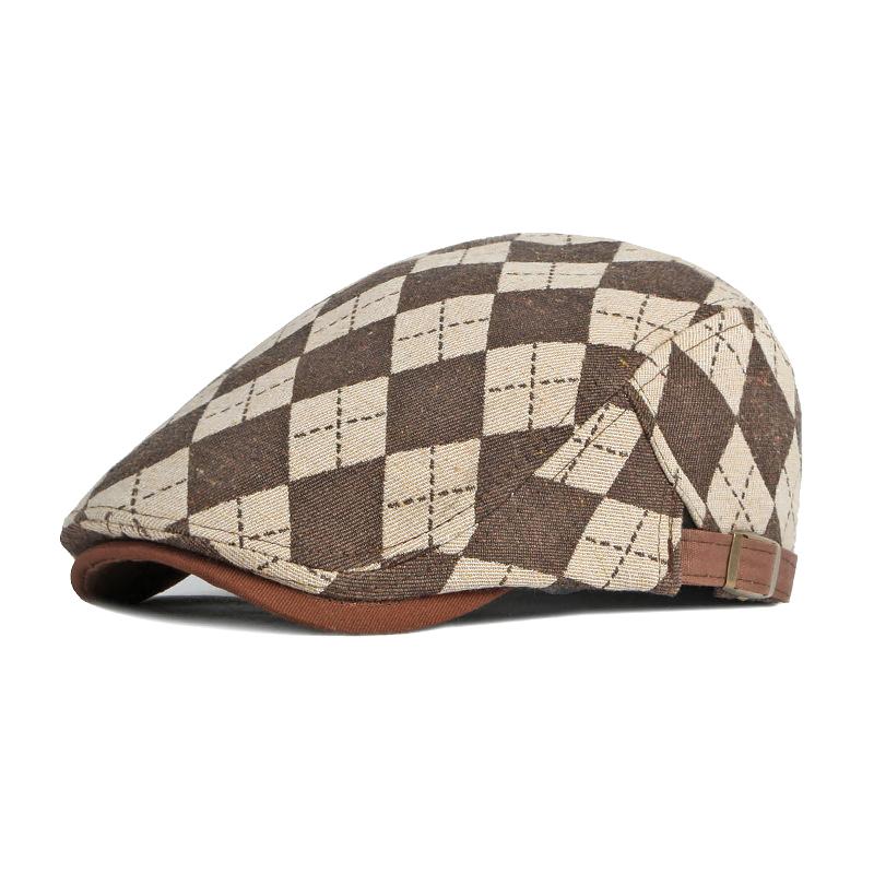 

Spring And Autumn Beret Hats Vintage Checkered Brown Coffee Khaki Flat Cap Front Cap Painter S Cap Cap Man