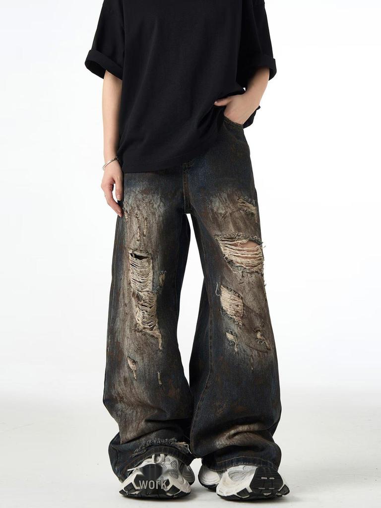 Men's Retro Distressed Ripped Jeans - Loose Straight Fit, Washed Wide-Leg Trousers