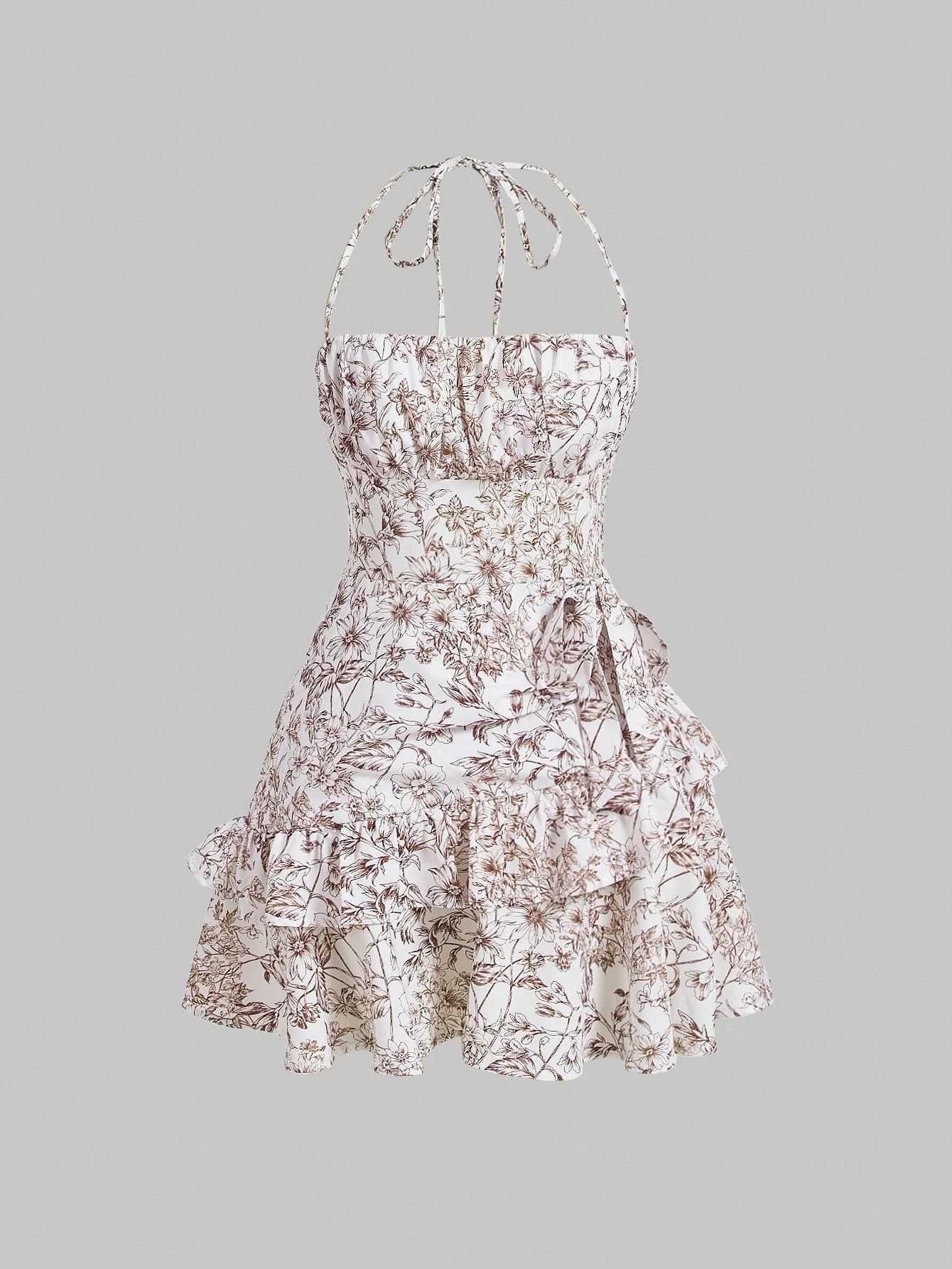 Girls  Fashionable Floral Spaghetti-Strap Tiered Dress For Summer L коричневый
