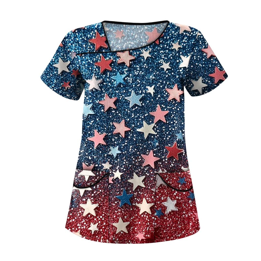 Dámské módní pracovní oděvy s krátkým rukávem a dvojitými kapsami