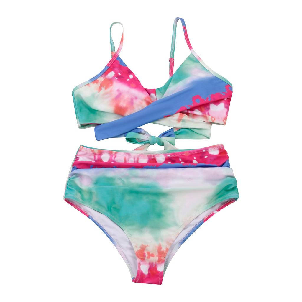 Two Piece Bikini Set with Wrap Around Top and High Waist Bottom Adjustable Straps and Stretch Fabric for Beachwear Swimwear