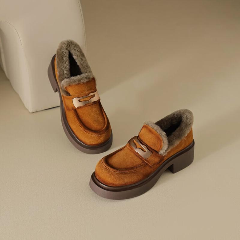 Mode NEU Winter Damen Pumps Kuhveloursleder Schuhe für Damen Runde Zehenpartie Klobiger Absatz Schuhe Slipper Damen Loafer Warme Plateauschuhe