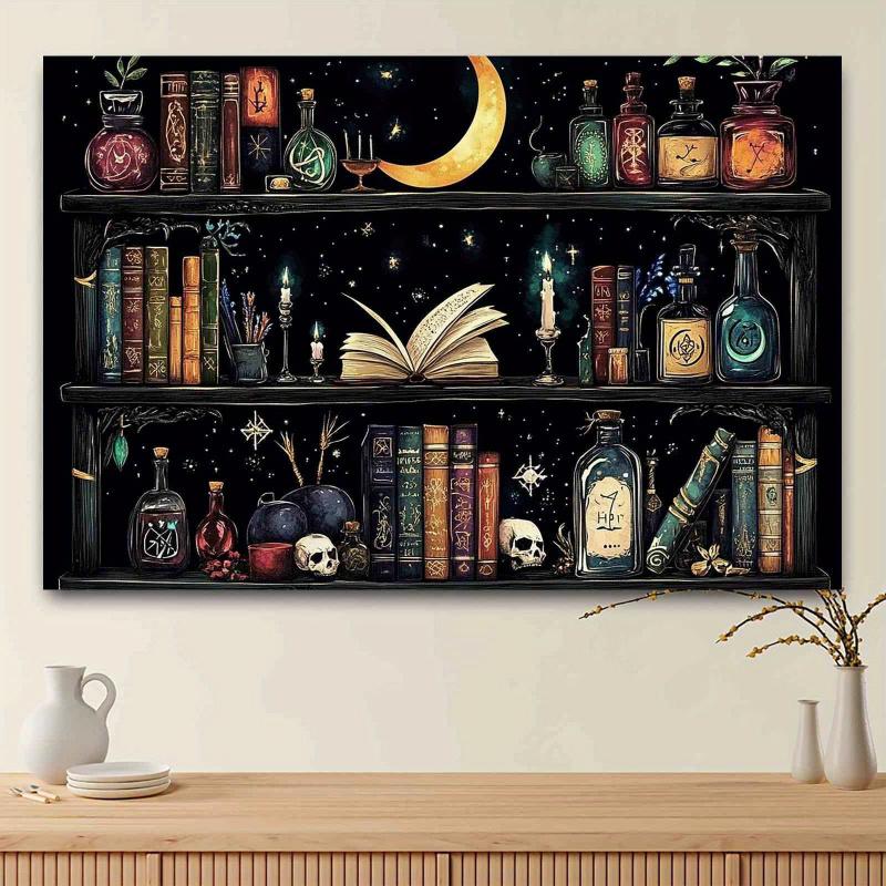VIKAMA Moon And Star Wizard Bookshelf Tapestry Dark Decor Backdrop Bedroom Headboard Wall Cloth Dorm Room Decoration