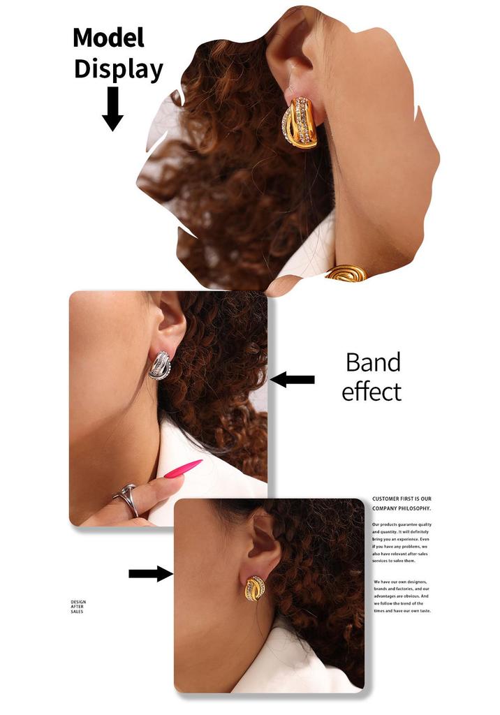INS Style Retro 18K Gold Plated Titanium Steel Cross Twisted Hollow Diamond Stud Earrings for Women