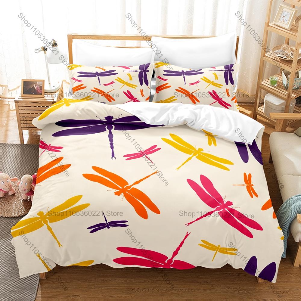 Cute Cartoon Dragonfly 3 Piece Bedding Set Soft Microfiber Duvet Cover Set with Pillowcases for Kids Bedroom Decor All Season