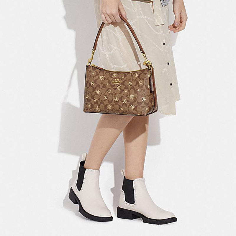 Coach Bolso de hombro Clara 26 clásico estampado de flor antigua copo de nieve cierre de cremallera, cuero artificial, bolso de mano bandolera, modelo mujer, marrón