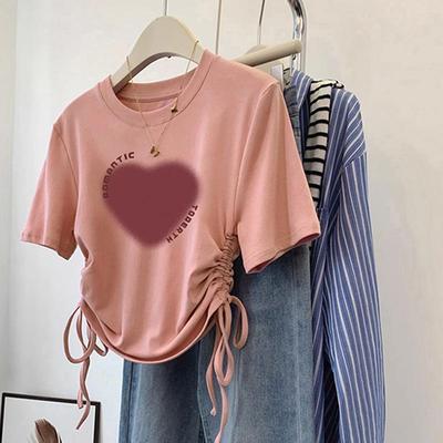 Summer 2024 Women's Pure Cotton Short-Sleeved Drawstring T-Shirt - Sweet and Spicy High-Waist Printed Style