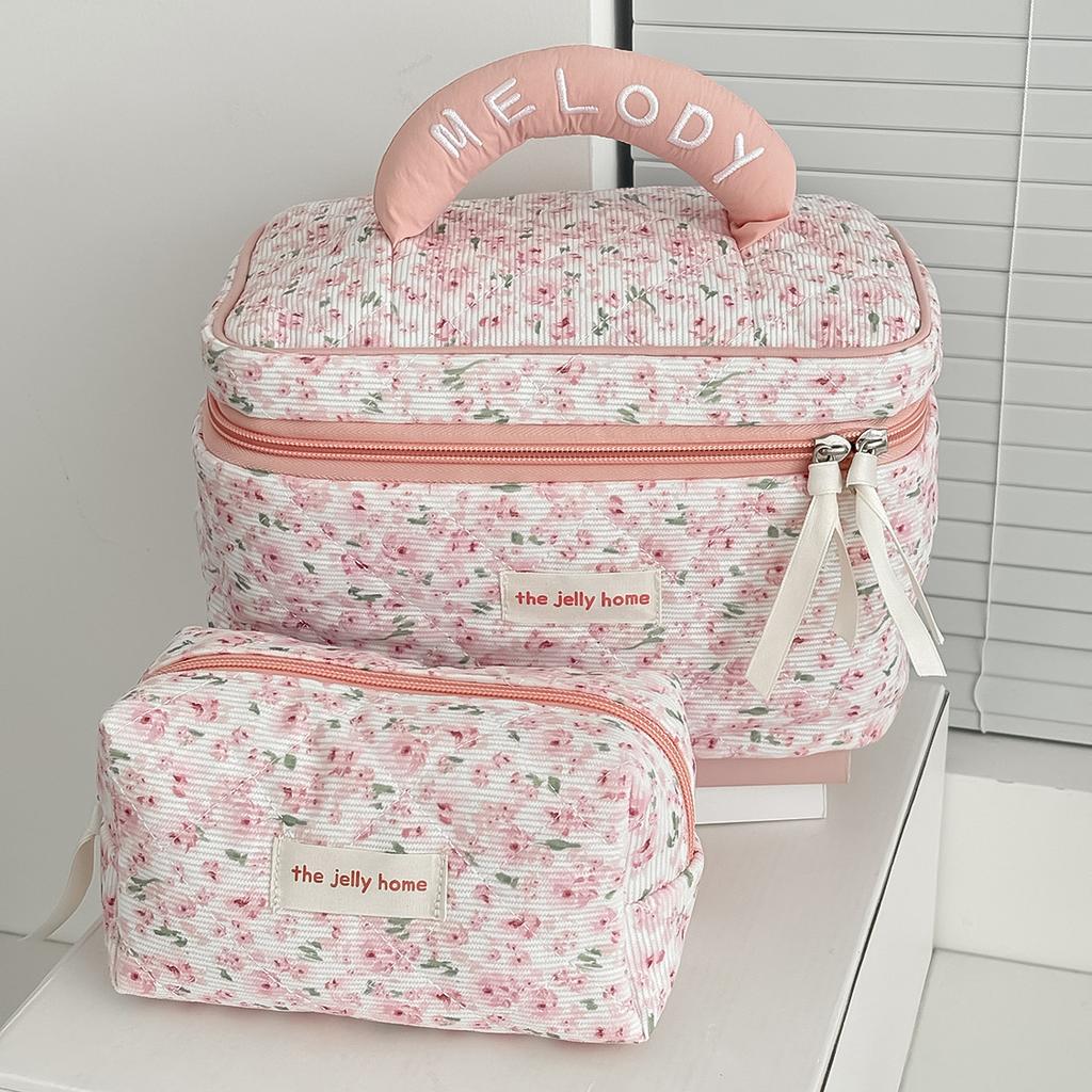 Vintage Pink Floral Women's Cosmetic Bag Large Capacity Toiletry Makeup Storage Pouch Handbag Ladies Zipper Quilted Clutch Bag
